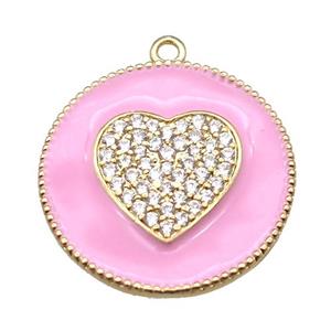copper heart pendant pave zircon with pink enameling, gold plated, approx 25mm dia