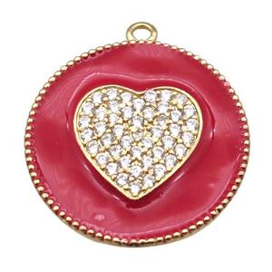 copper heart pendant pave zircon with red enameling, gold plated, approx 25mm dia