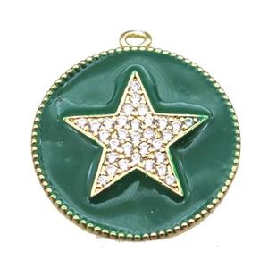 copper star pendant pave zircon with green enameling, gold plated, approx 25mm dia