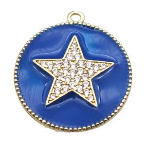 copper star pendant pave zircon with blue enameling, gold plated, approx 25mm dia
