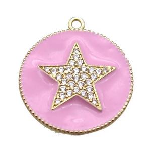 copper star pendant pave zircon with pink enameling, gold plated, approx 25mm dia