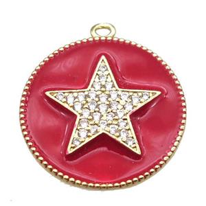copper star pendant pave zircon with red enameling, gold plated, approx 25mm dia