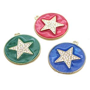 copper star pendant pave zircon with enameling, mixed color, gold plated, approx 25mm dia