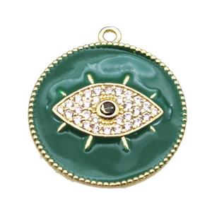 copper eye pendant pave zircon with green enameling, gold plated, approx 25mm dia