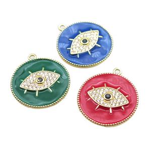copper eye pendant pave zircon with enameling, mixed color, gold plated, approx 25mm dia
