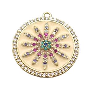 copper sunflower pendant pave zircon with enameling, gold plated, approx 25mm dia