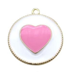 copper heart pendant with pink enameling, gold plated, approx 25mm dia