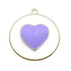 copper heart pendant with lavender enameling, gold plated, approx 25mm dia
