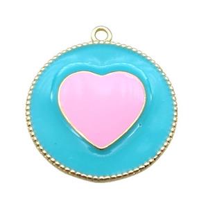 copper heart pendant with pink enameling, gold plated, approx 25mm dia