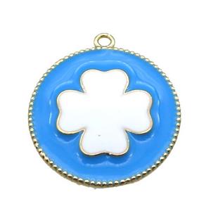 copper clover pendant with blue enameling, gold plated, approx 25mm dia