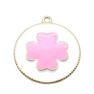 copper clover pendant with pink enameling, gold plated, approx 25mm dia