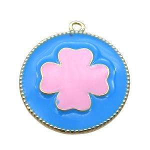 copper clover pendant with pink enameling, gold plated, approx 25mm dia
