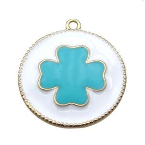 copper clover pendant with aqua enameling, gold plated, approx 25mm dia
