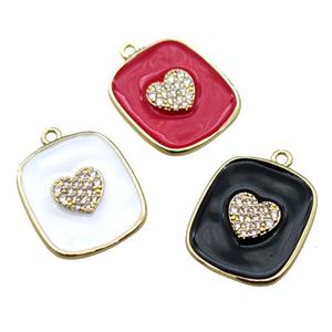 copper heart pendant pave zircon with enameling, mix color, gold plated, approx 16-19mm