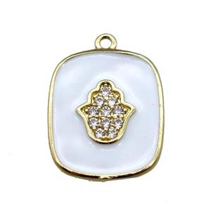 copper hamsahand pendant pave zircon with white enameling, gold plated, approx 16-19mm