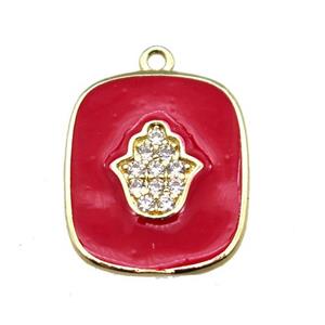 copper hamsahand pendant pave zircon with red enameling, gold plated, approx 16-19mm
