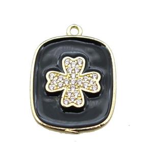 copper clover pendant pave zircon with black enameling, gold plated, approx 16-19mm