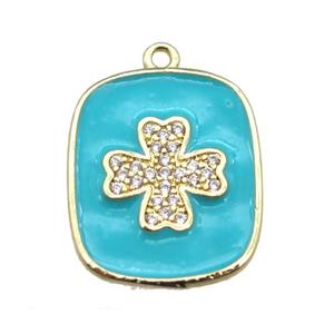 copper clover pendant pave zircon with aqua enameling, gold plated, approx 16-19mm