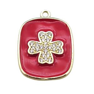 copper clover pendant pave zircon with red enameling, gold plated, approx 16-19mm