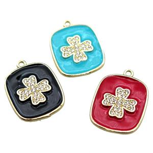 copper clover pendant pave zircon with enameling, mix color, gold plated, approx 16-19mm