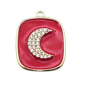 copper moon pendant pave zircon with red enameling, gold plated, approx 16-19mm
