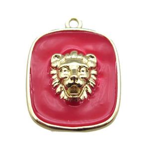 copper lionhead pendant with red enameling, gold plated, approx 16-19mm