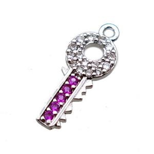 copper key pendant paved zircon, platinum plated, approx 7-17mm