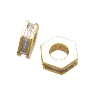 copper hexagon beads paved zircon, gold plated, approx 10mm dia