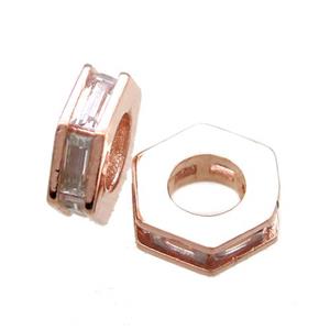 copper hexagon beads paved zircon, rose gold, approx 10mm dia