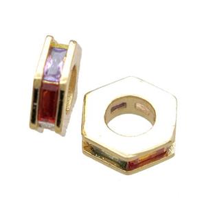 copper hexagon beads paved zircon, gold plated, approx 10mm dia