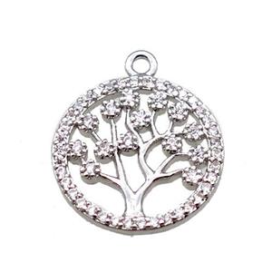 copper pendant paved zircon, tree of life, platinum plated, approx 15mm dia