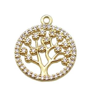 copper pendant paved zircon, tree of life, gold plated, approx 15mm dia