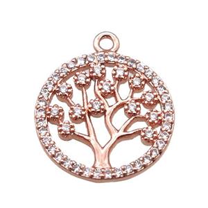 copper pendant paved zircon, tree of life, rose gold, approx 15mm dia