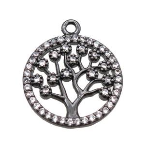 copper pendant paved zircon, tree of life, black plated, approx 15mm dia