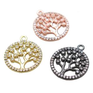 copper pendant paved zircon, tree of life, mixed color, approx 15mm dia