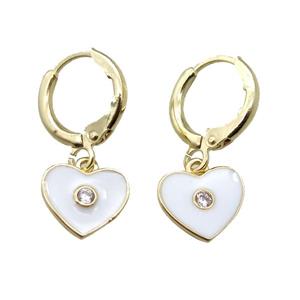 copper Hoop Earrings paved zircon, white enameling heart, gold plated, approx 10mm, 12mm dia