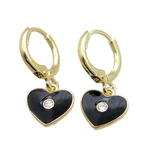 copper Hoop Earrings paved zircon, black enameling heart, gold plated, approx 10mm, 12mm dia