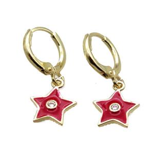 copper Hoop Earrings paved zircon, red enameling star, gold plated, approx 10mm, 12mm dia