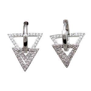copper Hoop Earrings paved zircon, triangle, platinum plated, approx 12mm, 16mm, 15mm dia