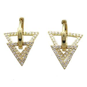 copper Hoop Earrings paved zircon, triangle, gold plated, approx 12mm, 16mm, 15mm dia