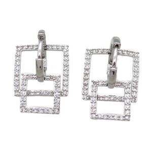 copper huggie Hoop Earrings paved zircon, square, platinum plated, approx 10mm, 15mm, 15mm dia