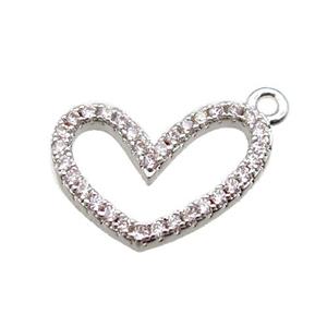 copper heart pendant paved zircon, platinum plated, approx 10-15mm