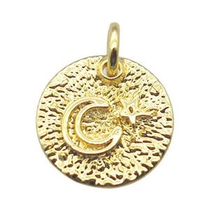 copper circle pendant with moon, gold plated, approx 12mm dia