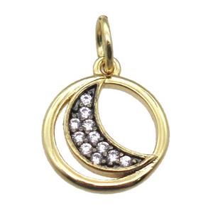 copper circle moon pendant paved zircon, gold plated, approx 11mm dia