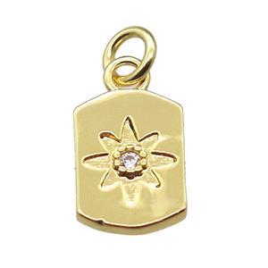 copper rectangle pendant paved zircon with flower, gold plated, approx 8-11mm