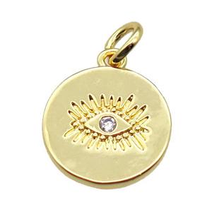 copper circle pendant paved zircon with eye, gold plated, approx 13mm dia