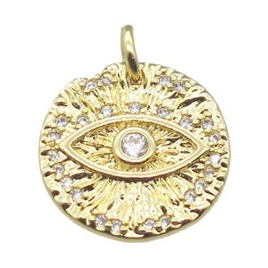 copper circle pendant paved zircon with eye, gold plated, approx 15mm dia