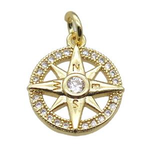 copper circle pendant paved zircon with star, gold plated, approx 13mm dia