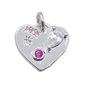 copper heart pendant paved zircon, platinum plated, approx 13mm