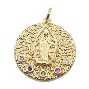 copper circle pendant paved zircon with Virgin Mary, gold plated, approx 20mm dia